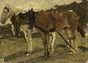 George Hendrik Breitner A Brown and a White Horse in Scheveningen Sweden oil painting artist
